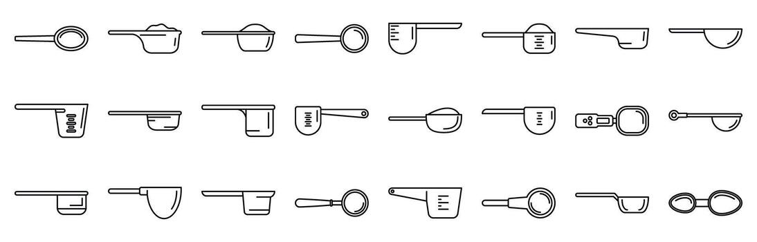 Measuring scoop icons set. Measuring spoons and cups icons showing different volumes for precise cooking and baking vector