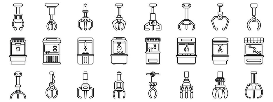 Claw machine game icons set. Claw crane machines and robotic arms grabbing toys in arcade games vector