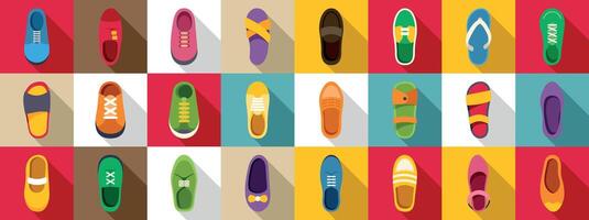 Shoes top view icons set. Large set of various shoes icons showing different footwear types vector