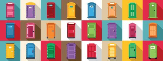 Bio toilet icons set. Colorful portable toilet icons showing variety and sanitation solutions vector