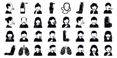 Asthma symptoms icons set. People coughing and showing symptoms of respiratory diseases, using inhalers and nebulizers vector