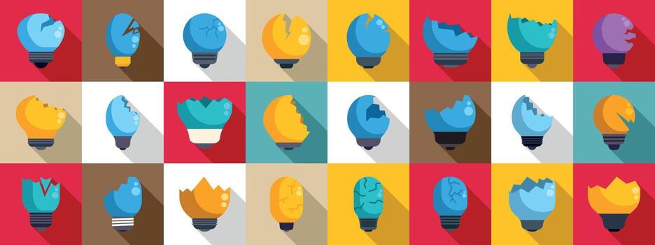 Broken bulb icons set. Broken light bulbs showing lack of ideas and innovation vector