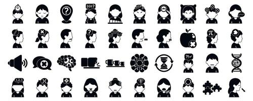 Autism symptoms icons set. People experiencing various mental states and emotions, including anxiety, stress, confusion, and relaxation vector