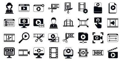 editor icons set. editing software and film production icons set featuring cutting, playback, and sound design elements vector