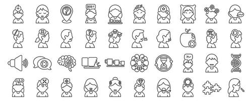 Autism symptoms icons set. People experiencing various mental states and cognitive processes, including stress, confusion, sleep, focus, and decision making vector