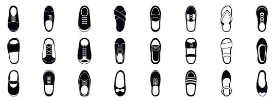 Shoes top view icons set. Children s footwear collection showcasing various styles vector