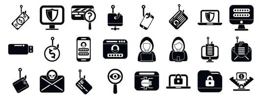 Bait hacking icons set. Cyber security threats and phishing attacks stealing sensitive data vector