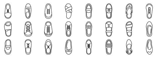 Shoes top view icons set. Large set of minimalist shoes icons representing different styles and purposes vector