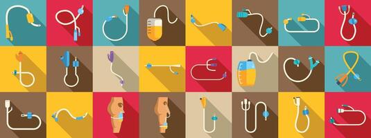 Urinary catheter icons set. Medical equipment icons showing catheters, cannulas and intravenous drips vector