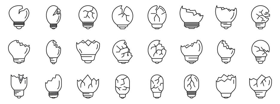 roto bulbo íconos colocar. roto ligero bombillas íconos representando fracaso y carencia de ideas vector