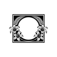 Elegant Floral Frame with Lilies Ferns, Black White. vector
