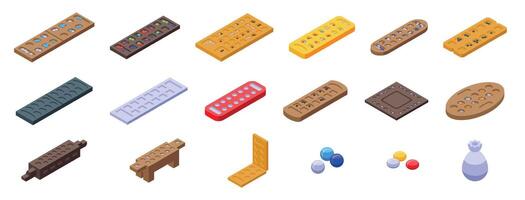 Mancala icons set. Mancala board game icons showing traditional african game in isometric view vector