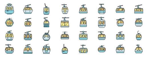 Funicular cable car gondola icons lifting passengers up mountain slopes vector