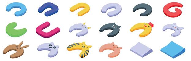 Neck pillow icons set. Colorful travel pillows set featuring animal designs for comfortable journeys vector