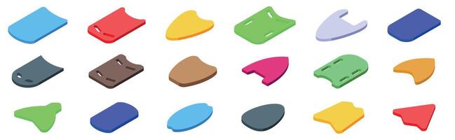 Swimming board icons set. Colorful set of floating kickboards for swimming lessons and water activities vector