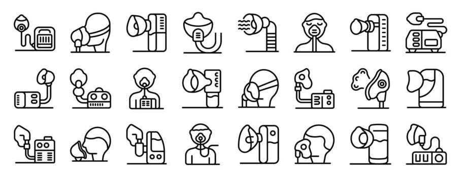 nebulizador íconos colocar. oxígeno concentrador y respiración máquina Proporcionar respiratorio apoyo vector