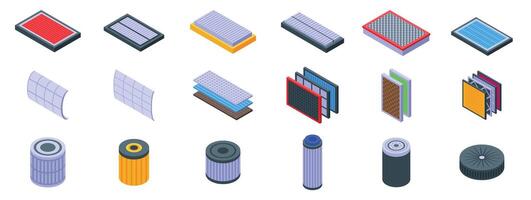 Air filter icons set. Various types of filters protecting engines and air conditioning systems vector