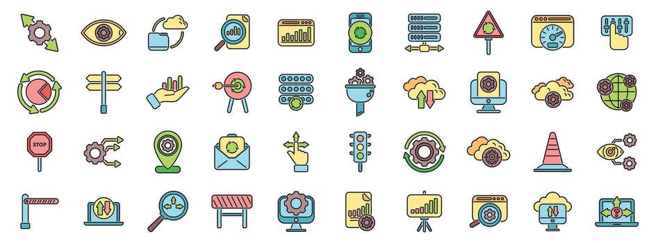 sistema supervisión y mejoramiento íconos demostración datos análisis, tráfico control, y flujo de trabajo administración vector