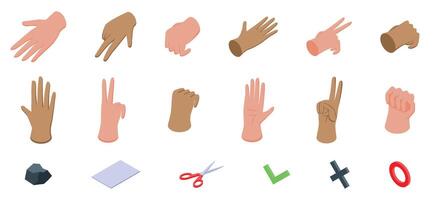 Rock paper scissors icons set. Hands gesturing, showing numbers, playing rock paper scissors, and giving feedback icons set vector