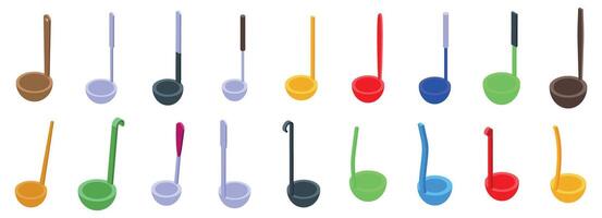 Ladle icons set. Colorful soup ladles icons set isometric view vector