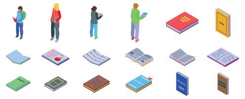 Schoolbook icons set. Students reading books and different types of books icons set isometric view vector