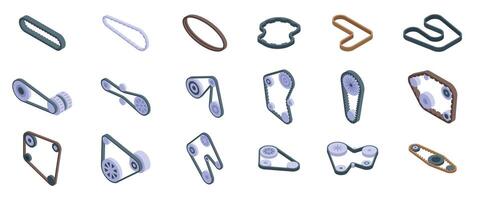 Engine belt icons set. Timing belt rotating gears and pulleys in isometric view vector