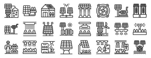 Solar-powered irrigation system icons set. Smart farming using solar energy panels powering irrigation, greenhouse, and water pumps vector