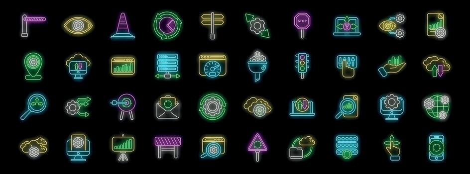neón íconos representando datos análisis, tráfico control, y sistema mejoramiento vector