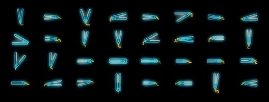 Hair straightener icons set, hair styling tool showing different positions in neon style vector