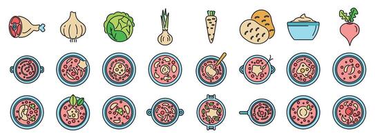 Cooking borscht ingredients and preparation steps with vegetables and meat vector