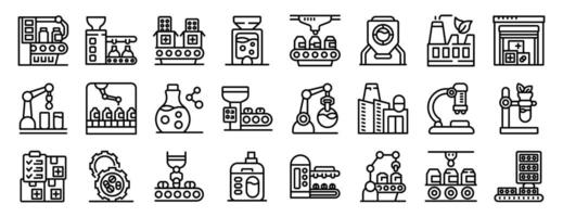 Pharmaceutical factory icons set. Pharmaceutical production line automating medicine manufacturing process with robotic arms and conveyor belts vector