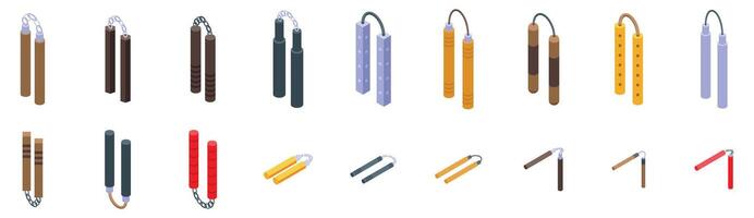 Nunchaku icons set. Nunchaku collection representing various martial arts weapons vector