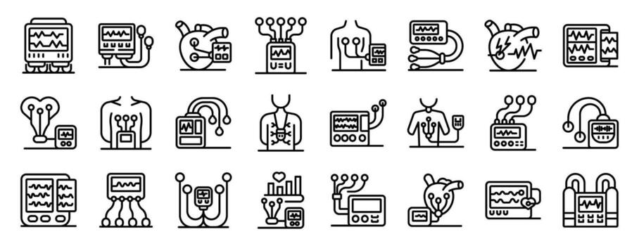 Holter monitor icons set. Cardiologist using portable heart monitor showing heart rate and rhythm vector