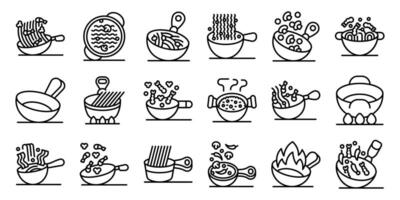 Wok cooking icons set. Chefs cooking with wok and pan, frying and boiling ingredients, preparing delicious dishes vector