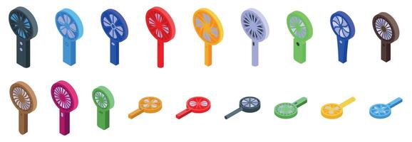 Electric hand fan icons set. Colorful portable fans providing refreshing breeze during hot summer days vector