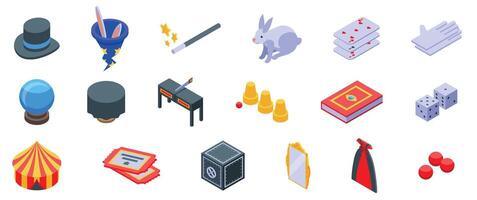 Illusionist equipment icons set. Magician tools and accessories creating enchanting illusions vector