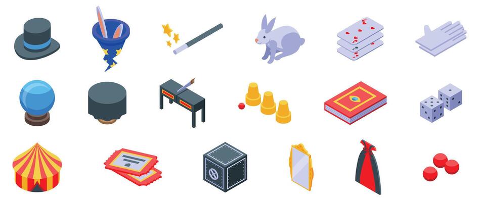 Illusionist equipment icons set. Magician tools and accessories creating enchanting illusions