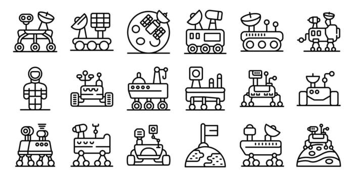 Marte vagabundo íconos colocar. Marte rovers explorador marciano superficie, autónomo espacio vehículos, y astronauta en traje espacial vector