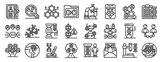 Genealogy research icons set. Scientists investigating genetic data with microscopes and documents, exploring dna structure and human genome vector