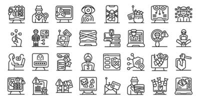 Cybercrime investigation icons set. Cyber security threats and data protection measures, safeguarding digital assets in a connected world vector