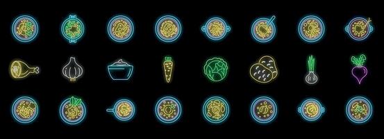Hot soup ingredients glowing neon icons set with potatoes, carrots, cabbage, beet, onion, garlic and chicken leg vector