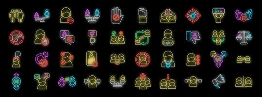 Neon icons representing gender equality, discrimination, and social issues vector