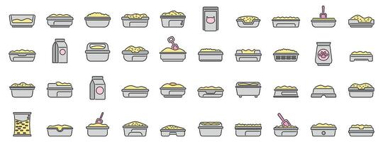 Cat litter box icons showing different types of cat toilets, sand and scoops vector