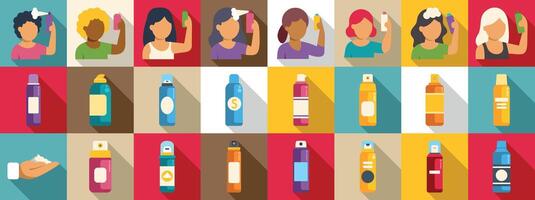 Dry shampoo icons set. Women applying hair styling products and different types of hairspray bottles icons vector