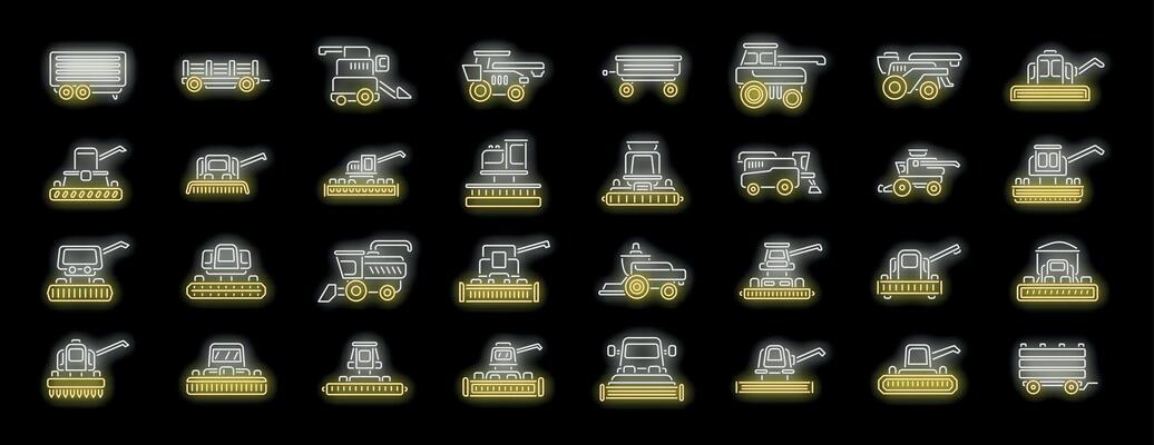 Harvesting equipment and farm vehicles shining in neon light
