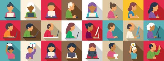 Workforce productivity icons set. Programmers and designers working with laptops and computers vector