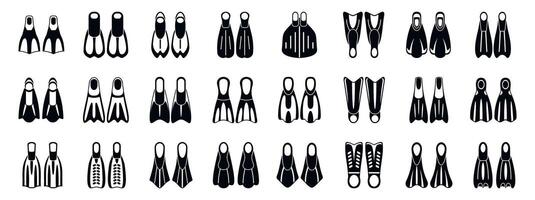 Scuba flippers icons set. Diver fins showing different shapes and sizes for swimming and diving vector