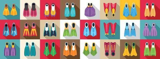 Scuba flippers icons set. Colorful flippers for diving and snorkeling in various designs vector