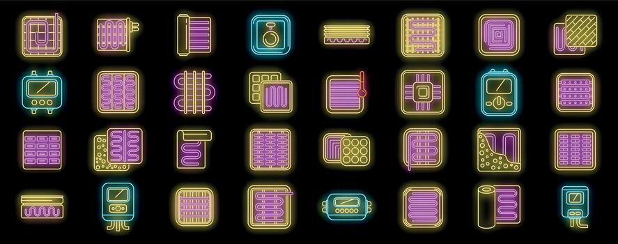 Underfloor heating system maintaining comfortable temperature in buildings, neon icons set vector
