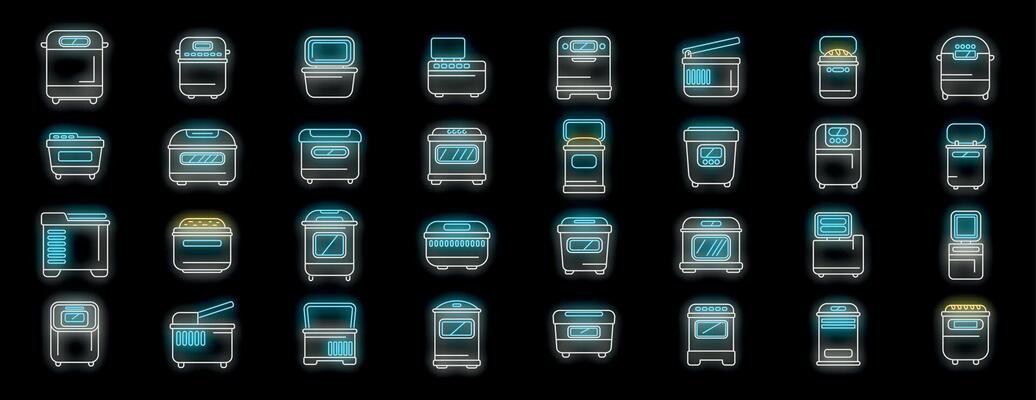 Modern kitchen appliances glowing with neon lights, a comprehensive set of cooking and baking icons
